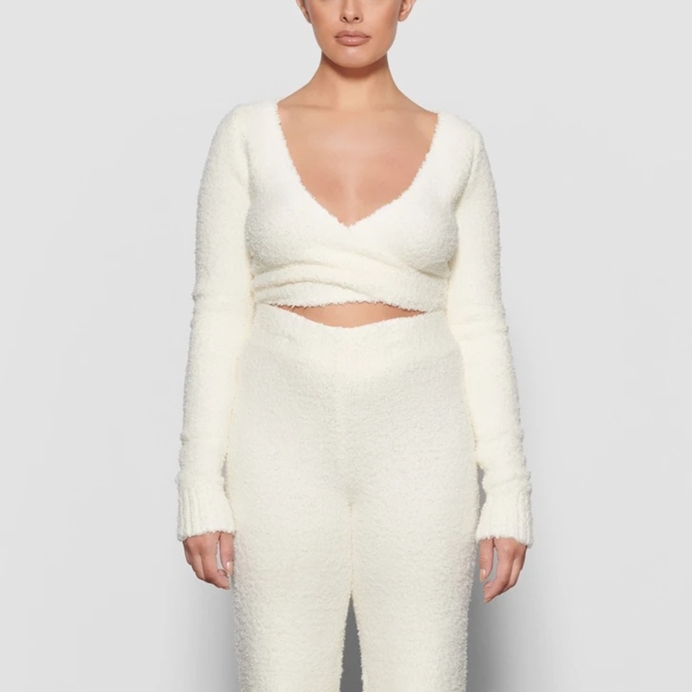 Skims Cozy Knit Wrap Top in Bone